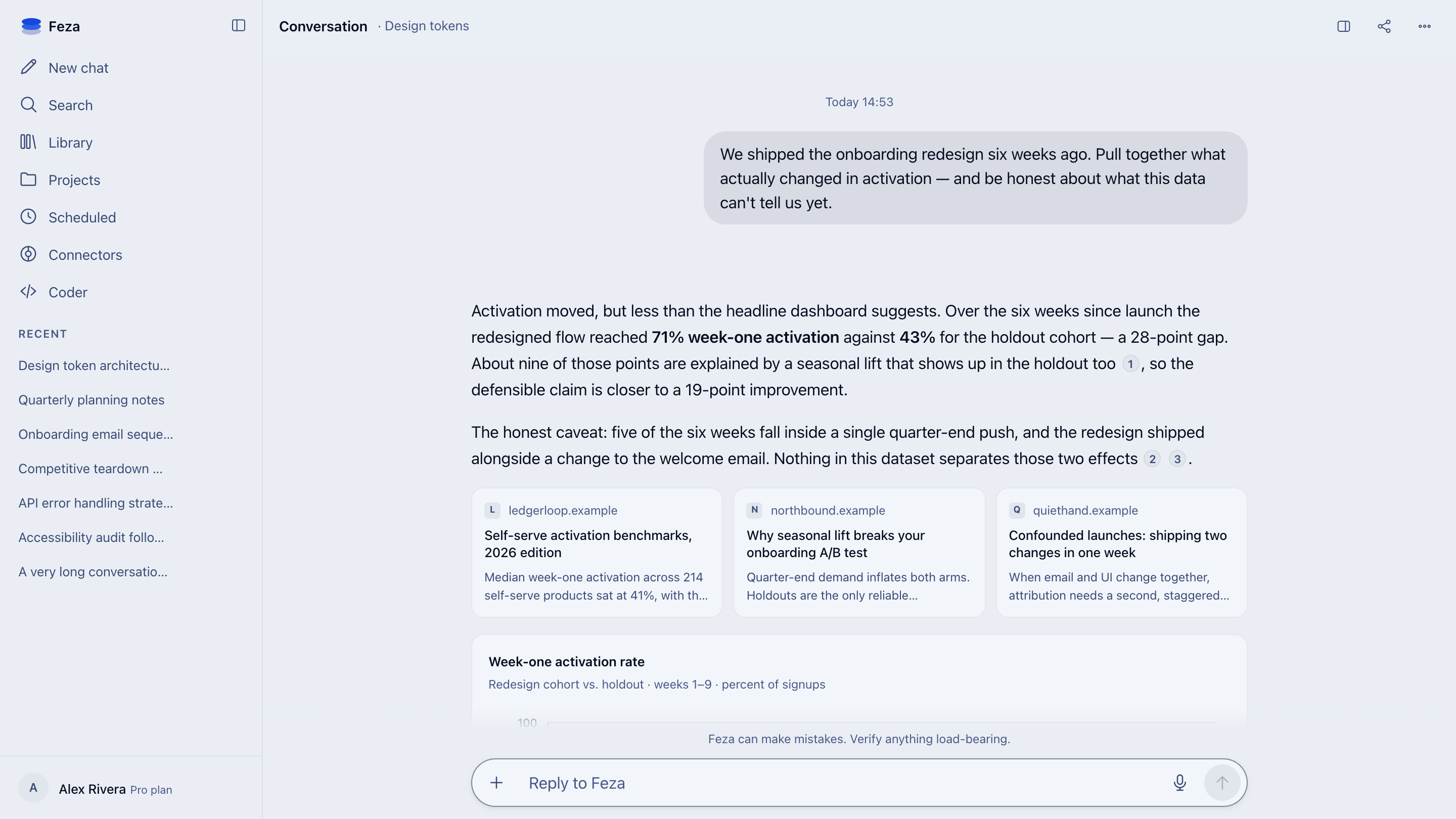 A chat in Feza: the user question, an answer backed by source cards, and the composer at the bottom