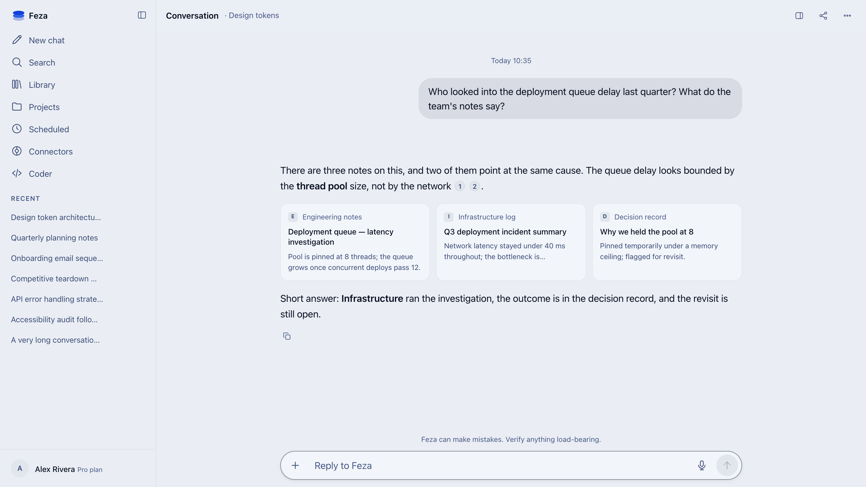 Technical note search in Feza: three source cards from team notes and the answer built on them