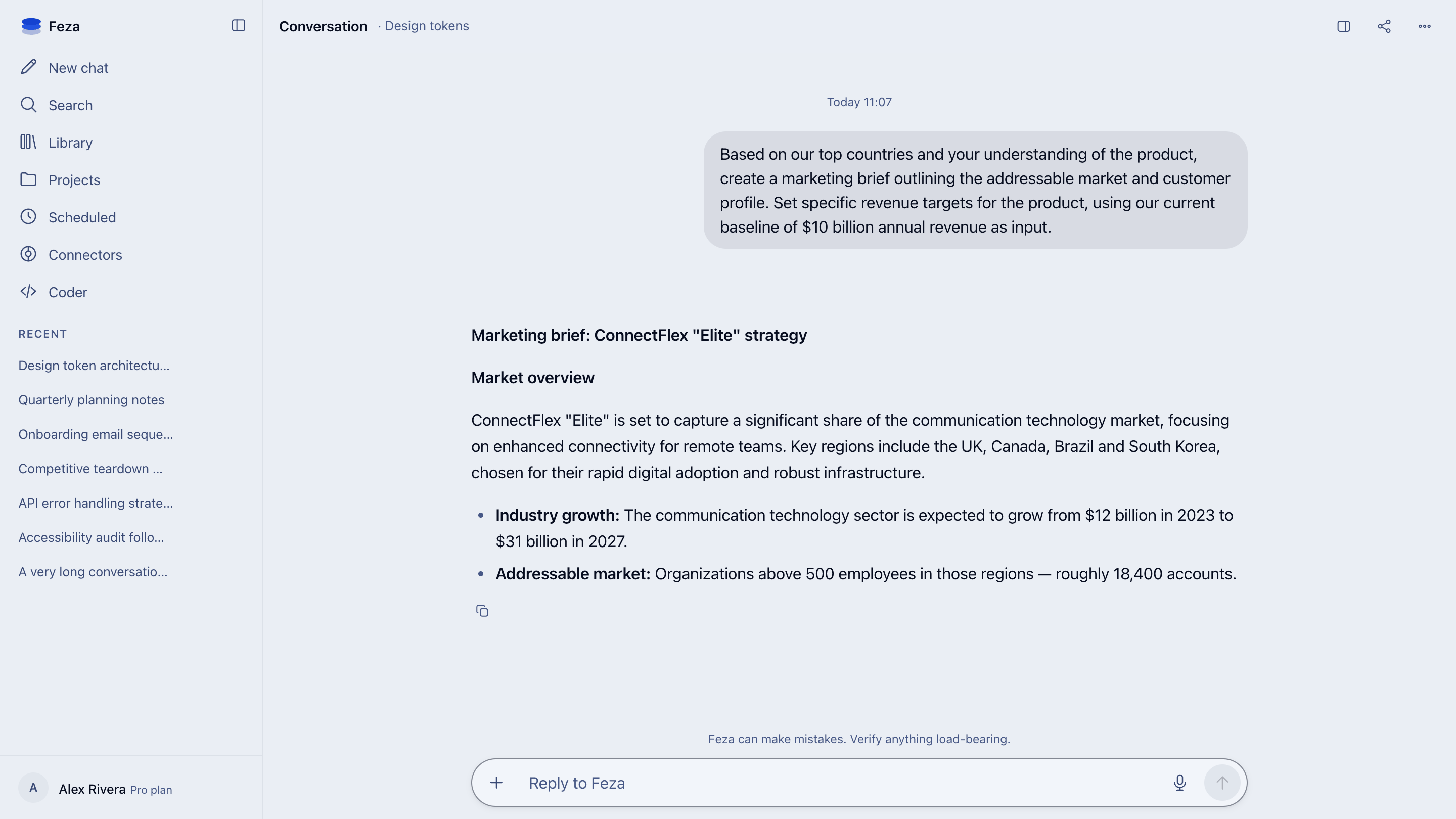 A marketing brief drafted in Feza: market overview and addressable market