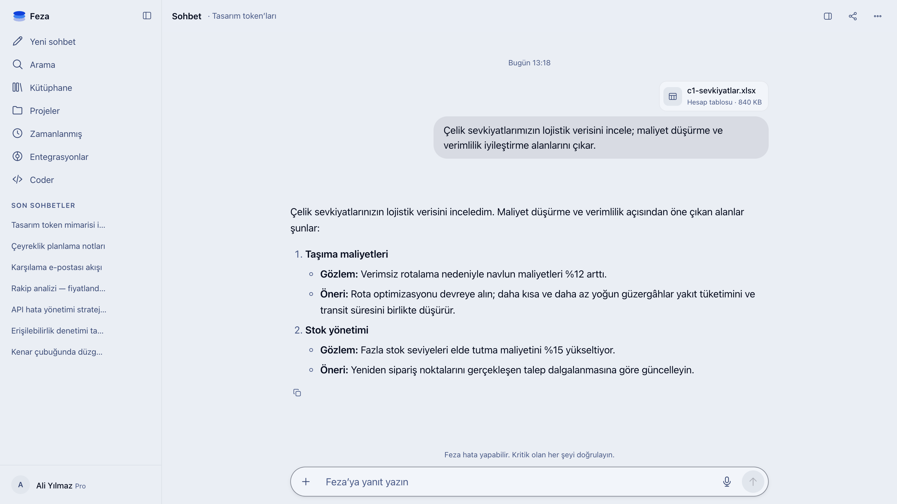 Feza'da lojistik incelemesi: taşıma ve stok başlıkları altında gözlem ve öneri maddeleri