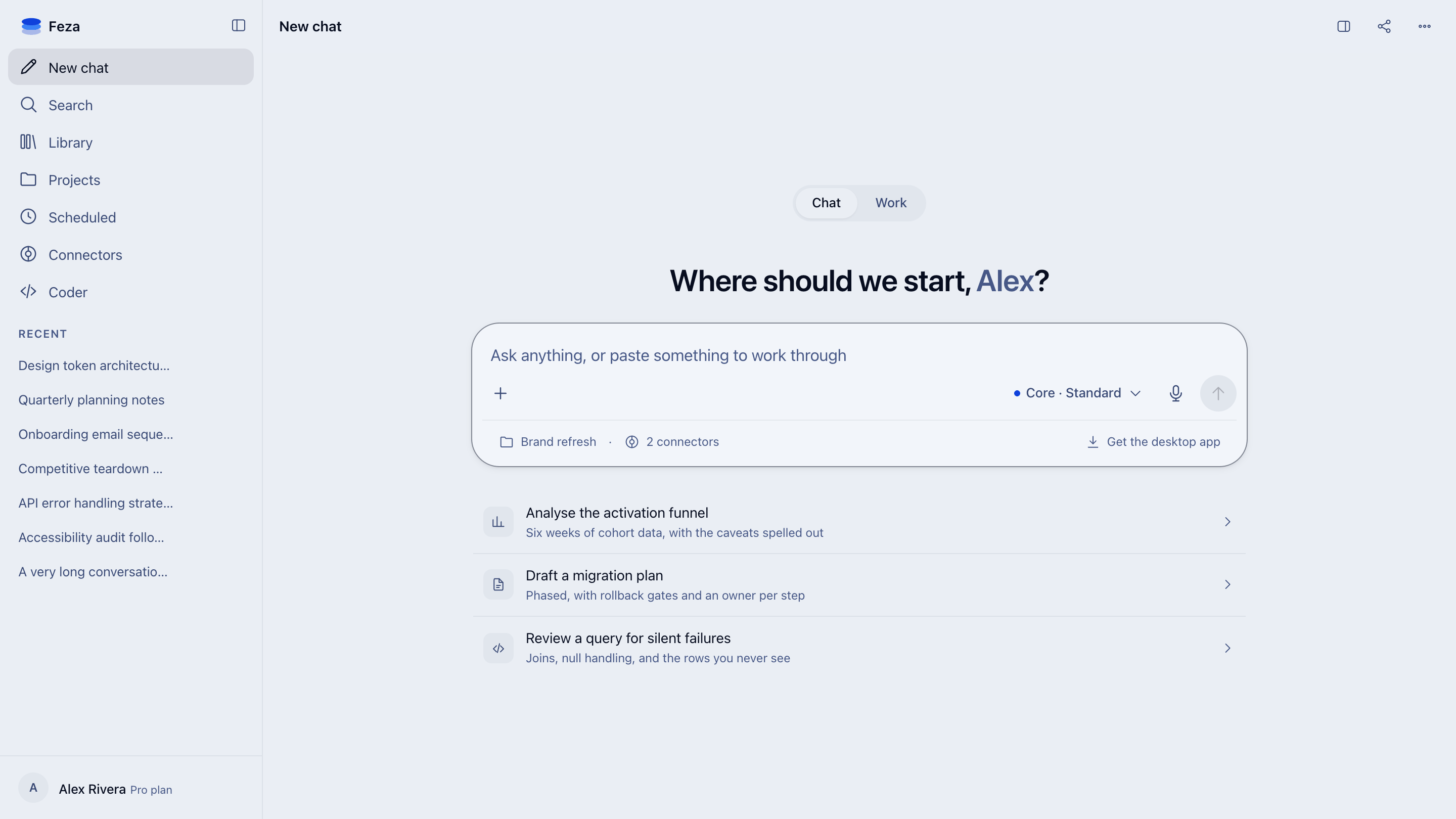 A new chat in Feza: the compose box, the model picker, and three suggestions