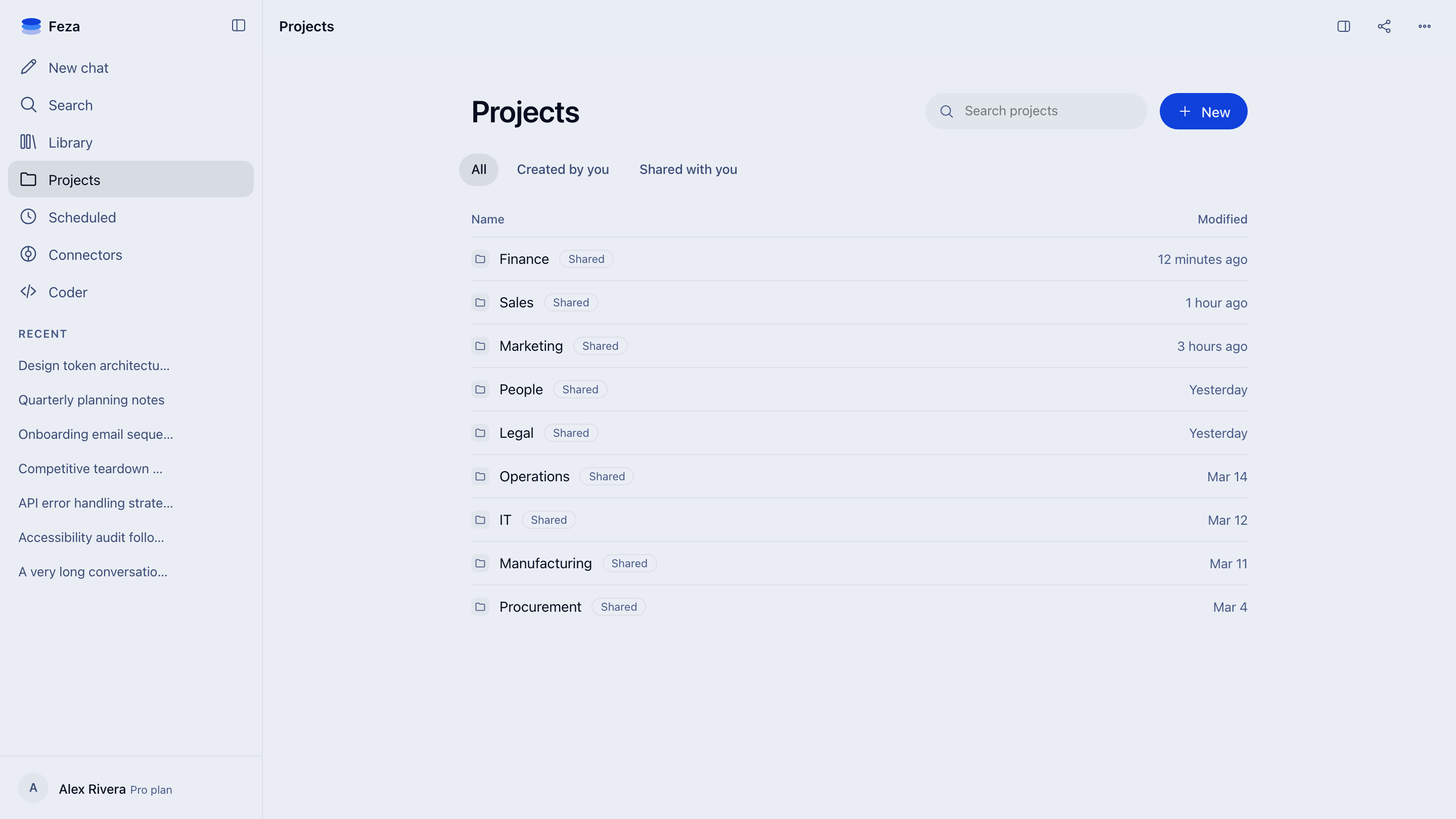 The projects list in Feza: each department with its own shared space inside one workspace