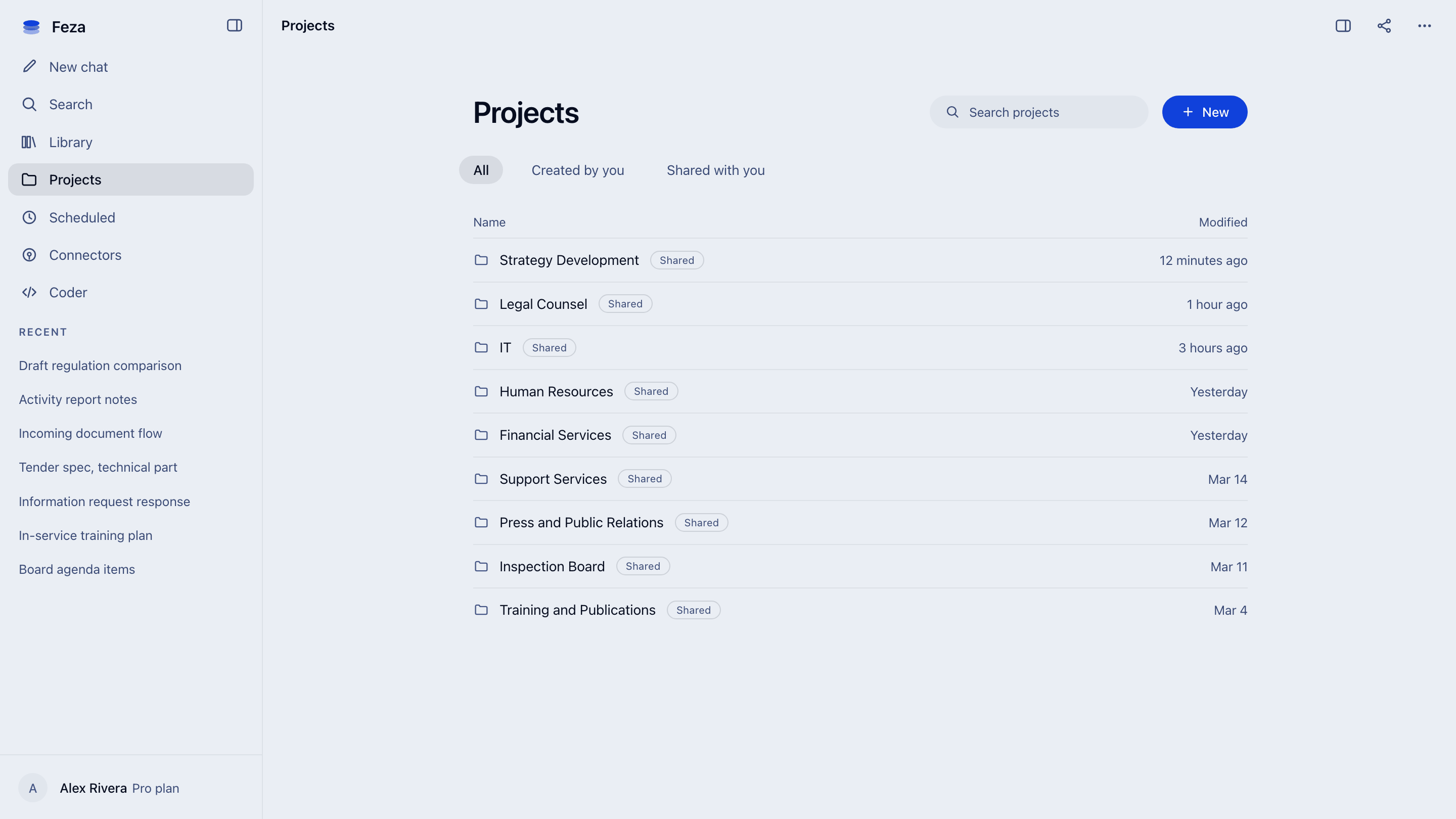 The projects list in Feza: each department with its own shared space inside one workspace