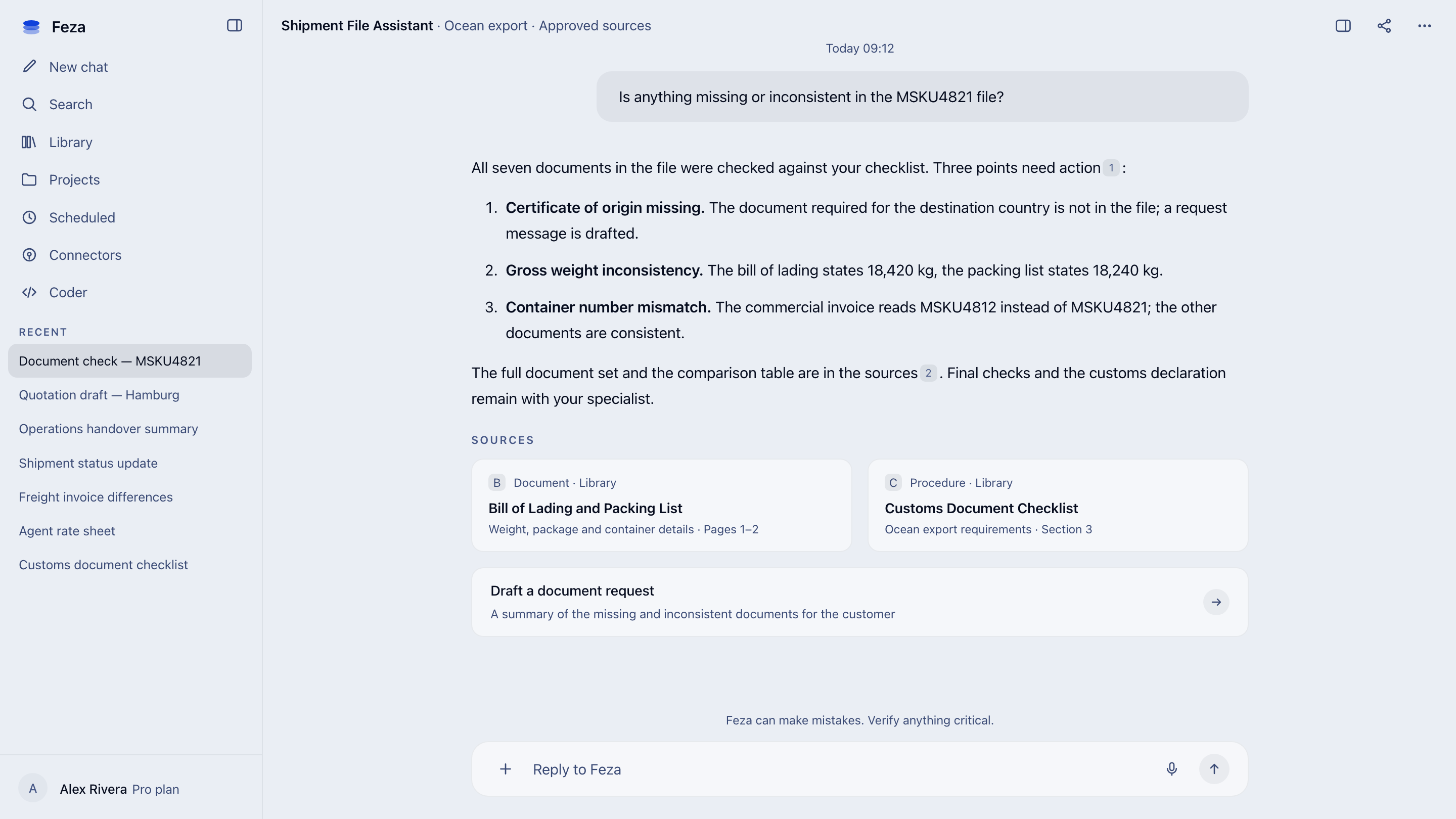 Shipment File Assistant screen in Feza: missing and inconsistent documents in a shipment file, a three-point answer and the two approved sources behind it
