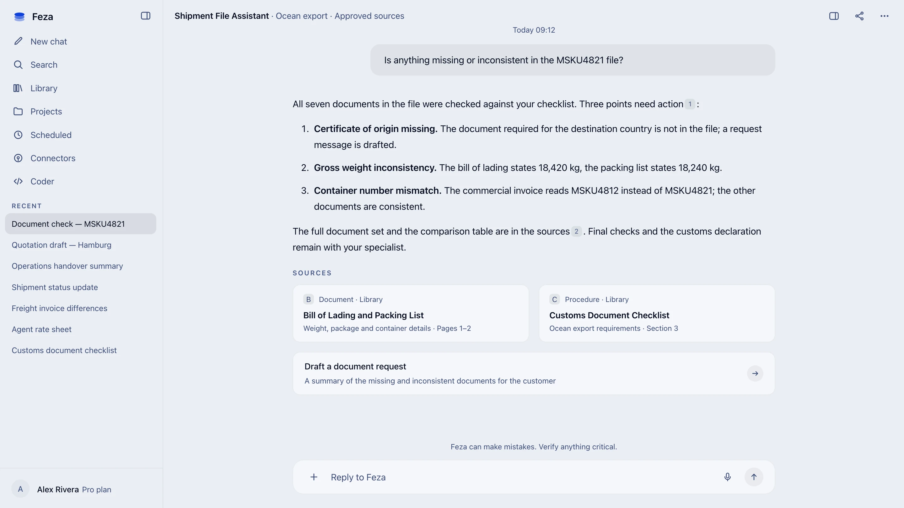 Shipment File Assistant screen in Feza: missing and inconsistent documents in a shipment file, a three-point answer and the two approved sources behind it