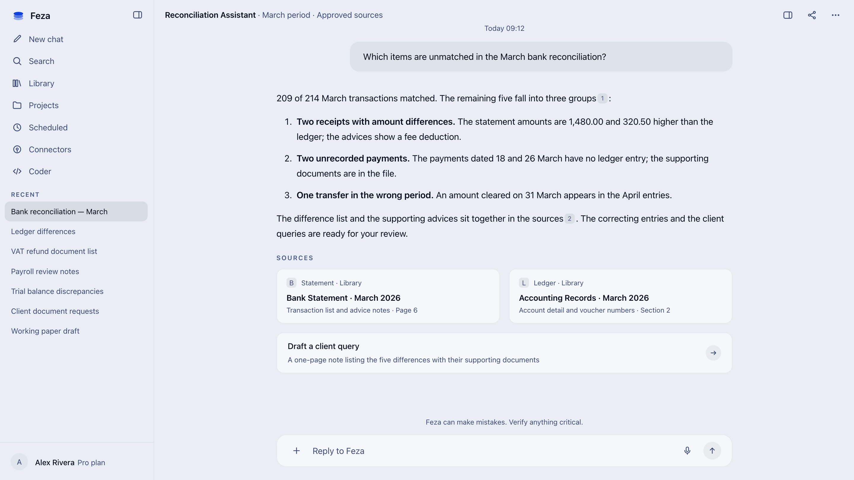 Reconciliation Assistant screen in Feza: unmatched items in the March bank reconciliation, a three-point answer and the two approved sources behind it