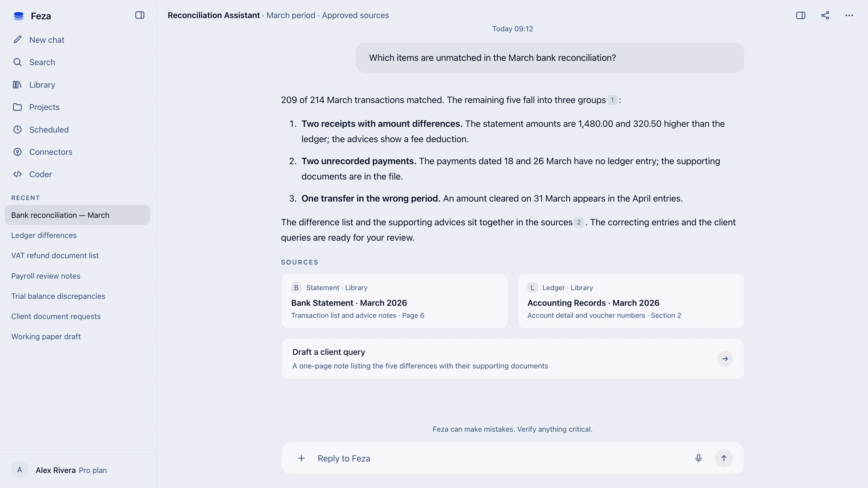 Reconciliation Assistant screen in Feza: unmatched items in the March bank reconciliation, a three-point answer and the two approved sources behind it