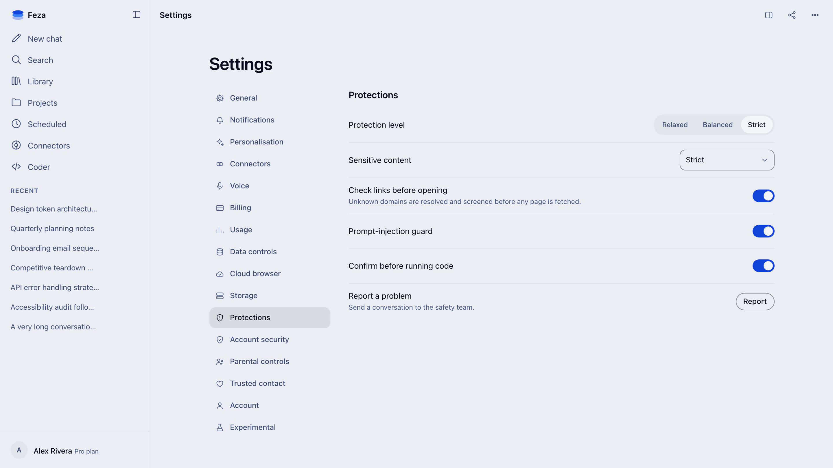 The Protections tab in Feza settings: protection level Strict, with the prompt-injection guard and link checking on