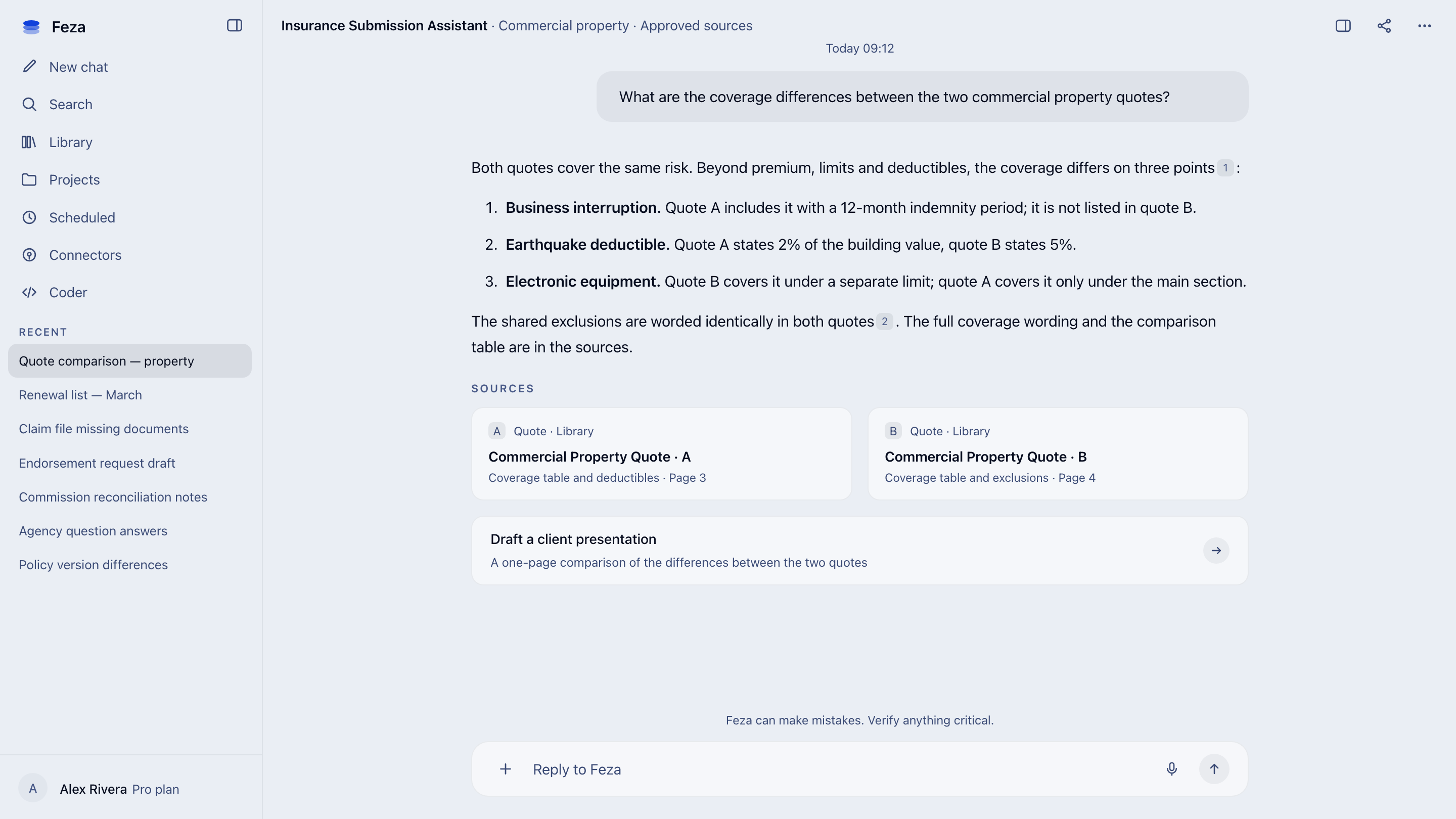 Insurance Submission Assistant screen in Feza: coverage differences between two commercial property quotes, a three-point answer and the two approved sources behind it