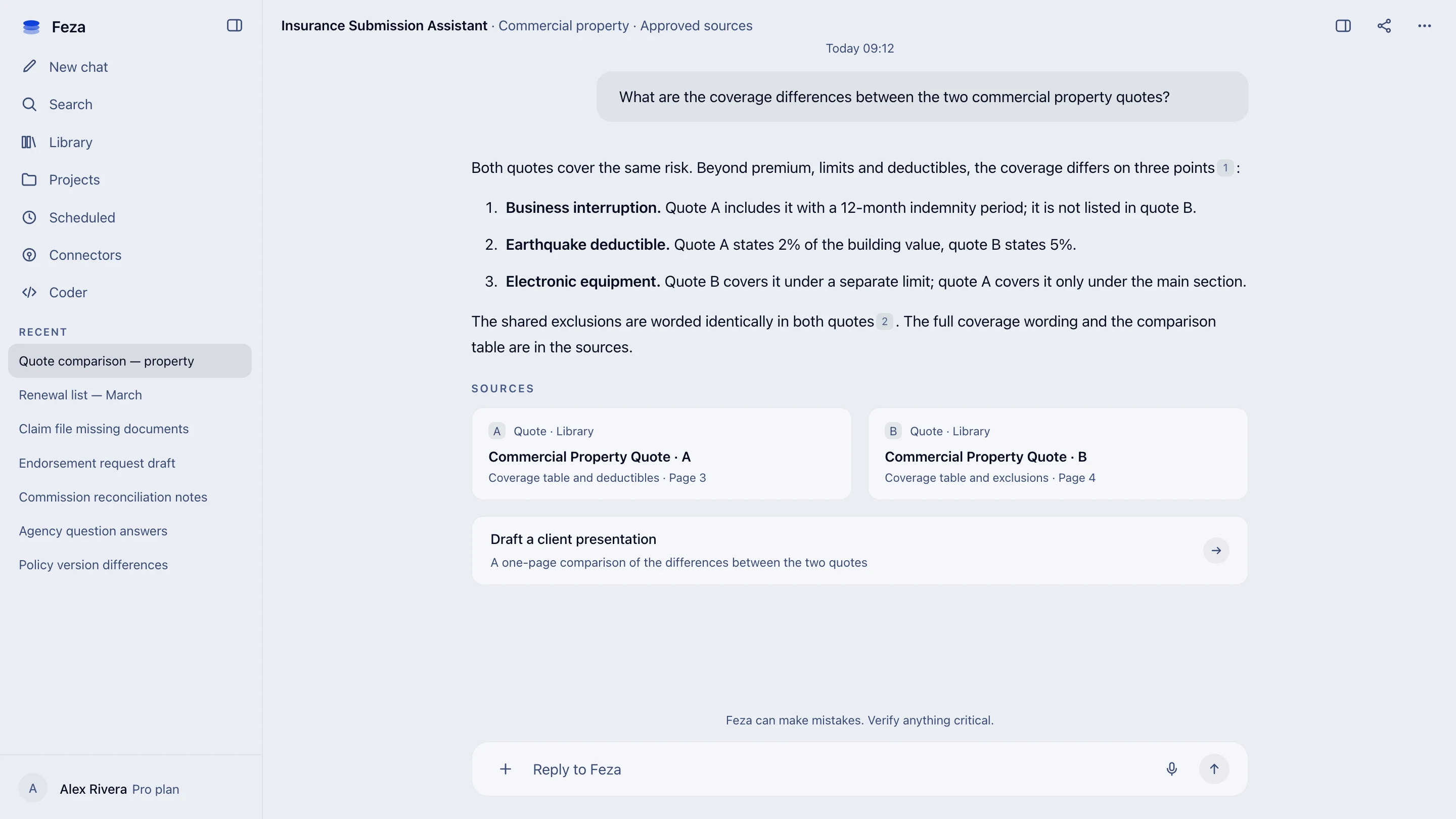 Insurance Submission Assistant screen in Feza: coverage differences between two commercial property quotes, a three-point answer and the two approved sources behind it