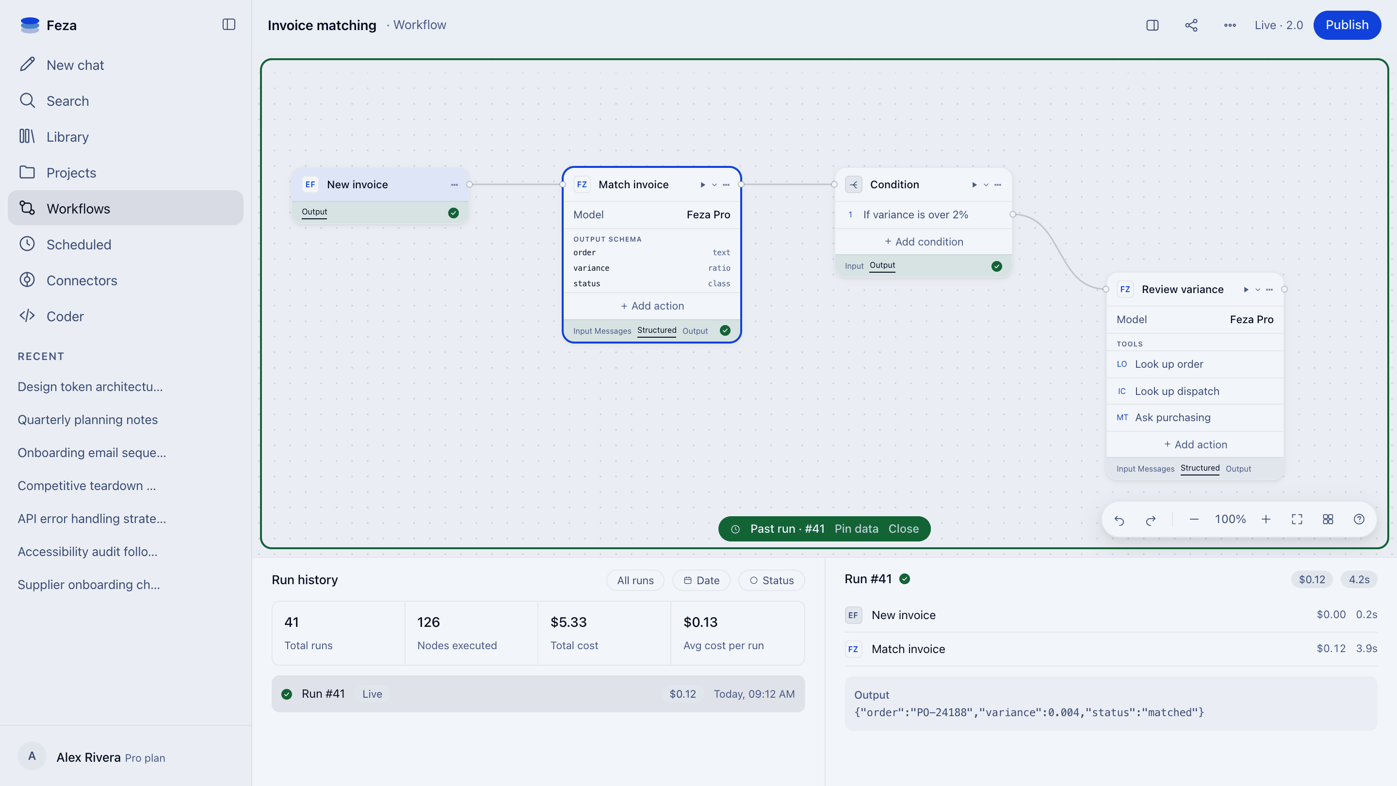 A past run of the invoice matching automation: the matched invoice, the variance gate, and the run history panel below it