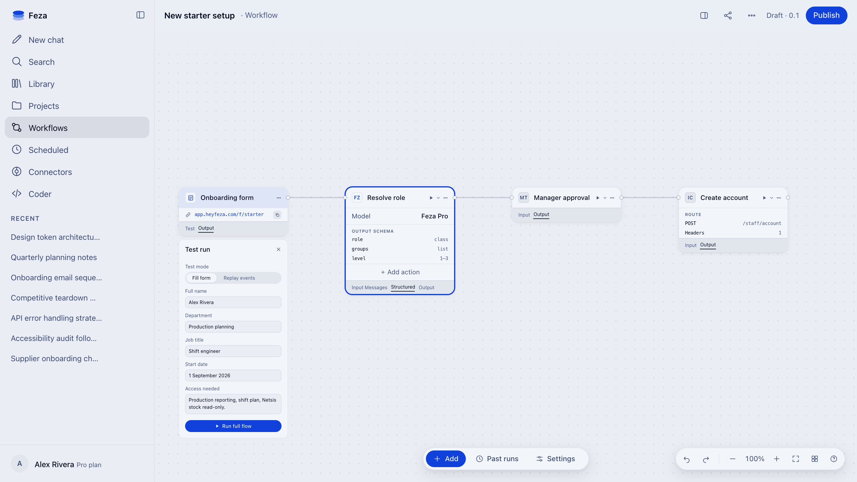 New starter setup: a filled test form, an agent step that resolves the role, manager approval, and the step that creates the account