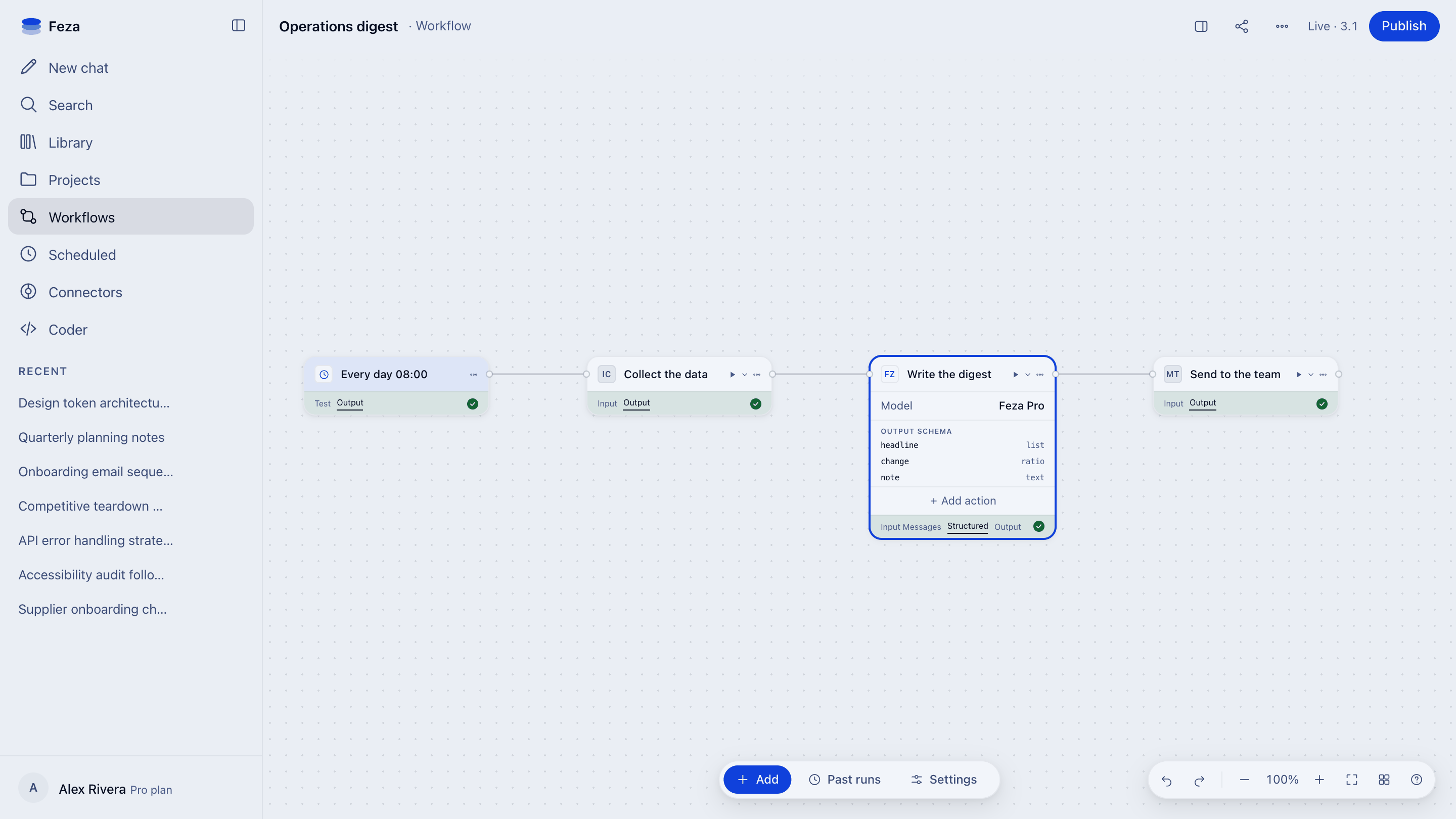 A digest that runs every morning: a scheduled trigger, a step that collects the data, an agent step that writes the digest, and a send to the team