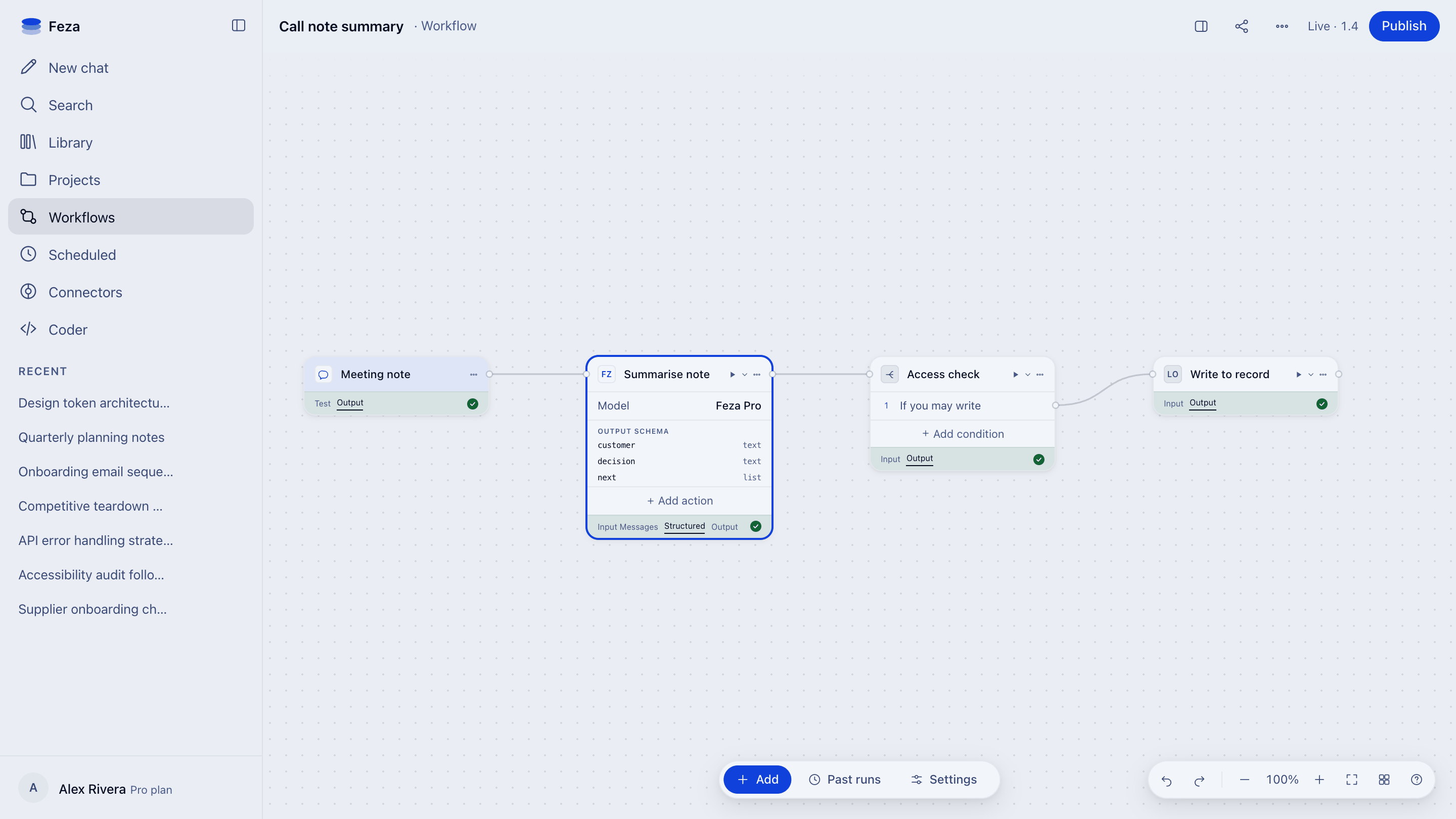 Summarising a call note: the incoming note, an agent step that summarises it, a condition that checks write access, and the step that writes to the record