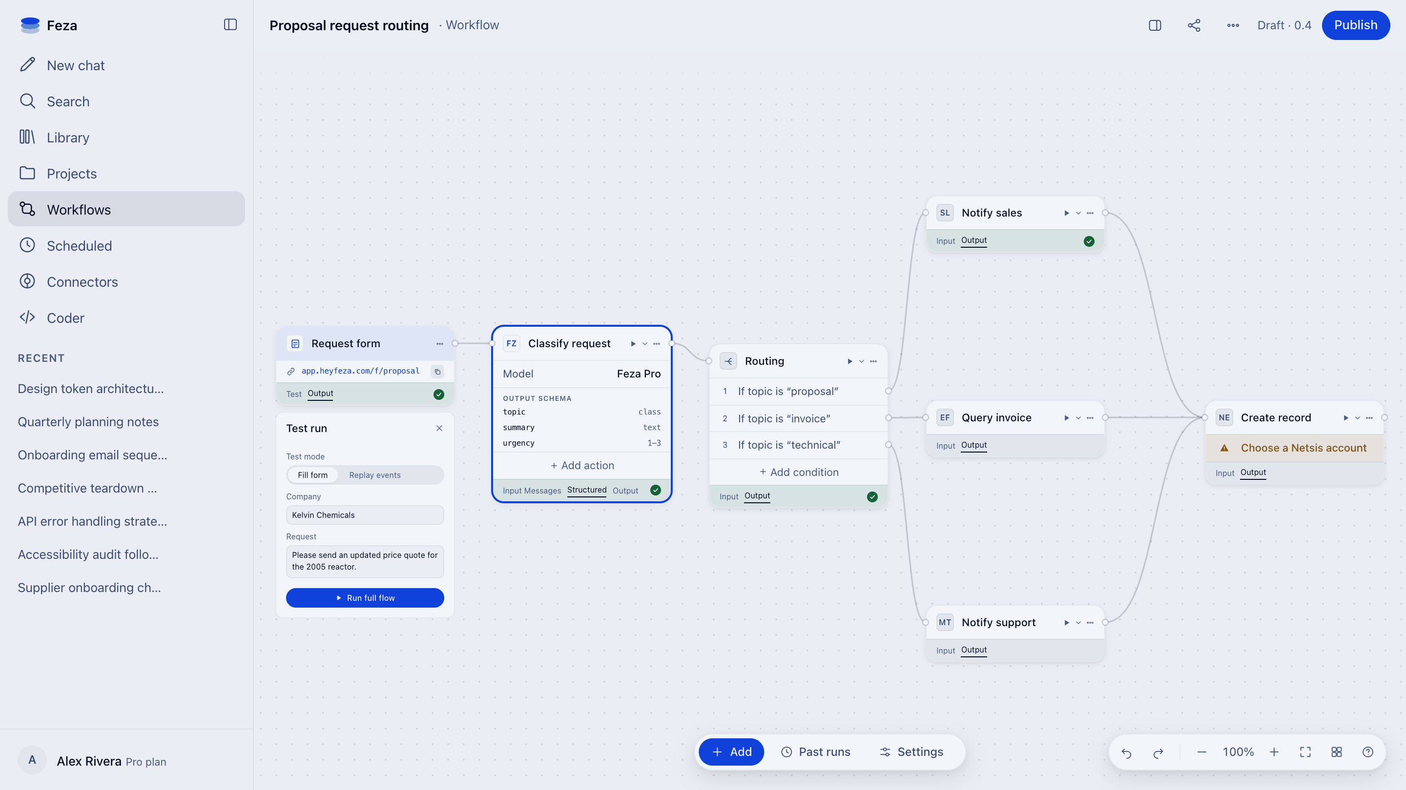 Classifying an incoming request: a request form, an agent step that classifies it, routing that splits on the topic, and the record step the three branches converge on