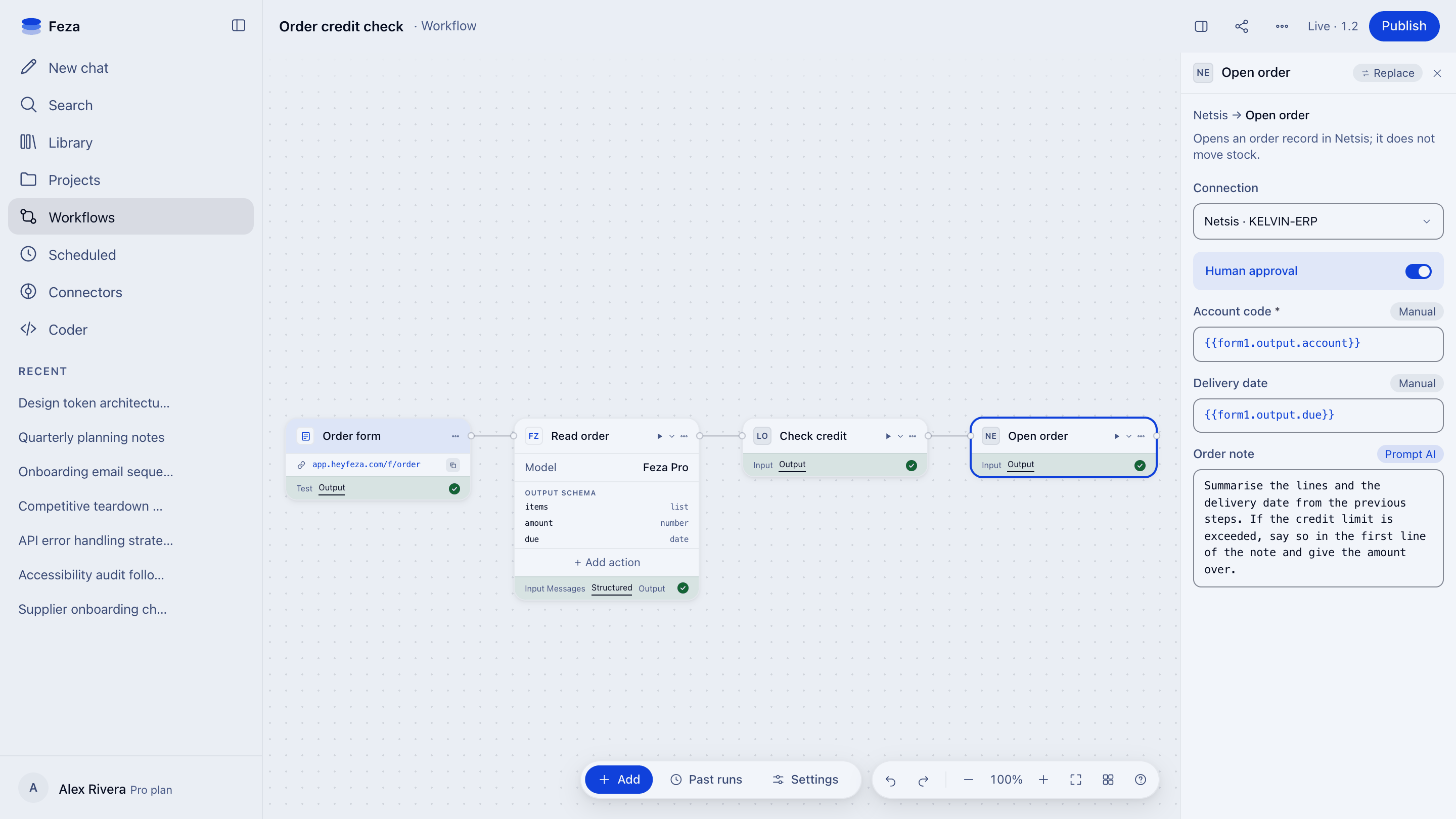 The Feza Workflows builder: an automation that starts from an order form, reads the order, checks credit and opens the order, with the selected step's settings open on the right